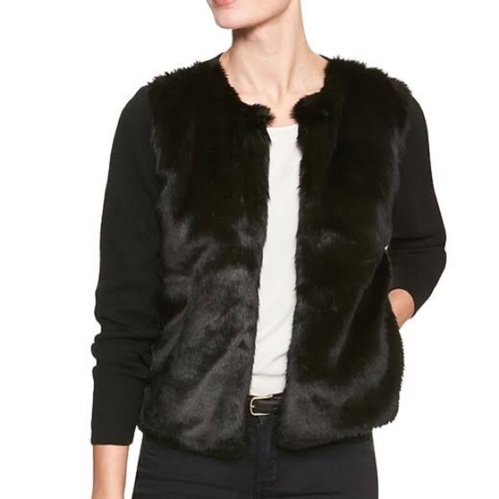 EUC, Banana Republic, black faux fur front open sweater cardigan, XS